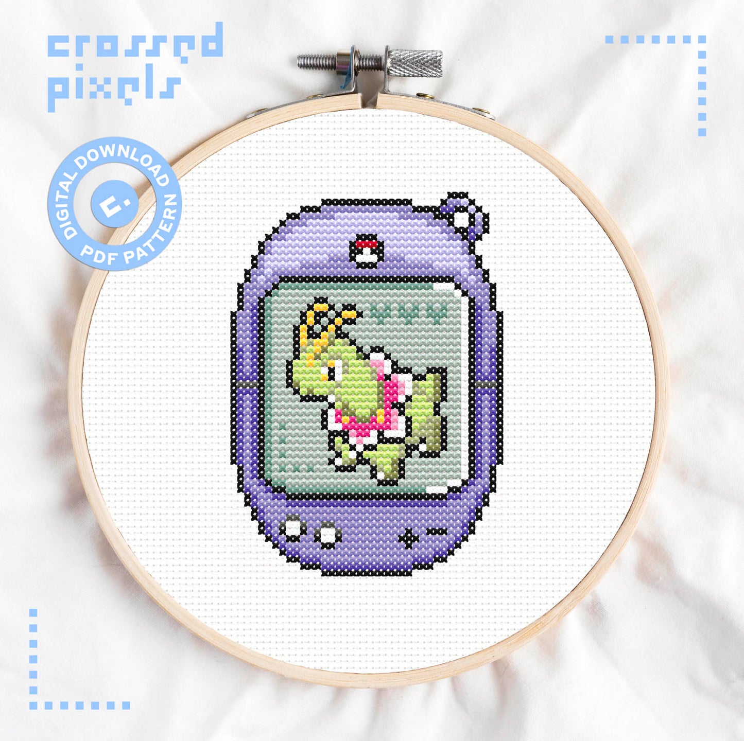 pixel art style cross stitch pattern of pokemon Meganium in Tamagotchi