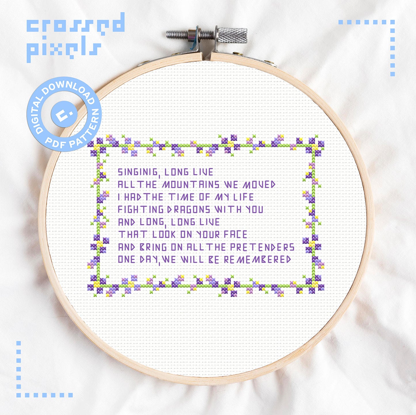 pixel art style cross stitch pattern of Taylor Swift lyrics