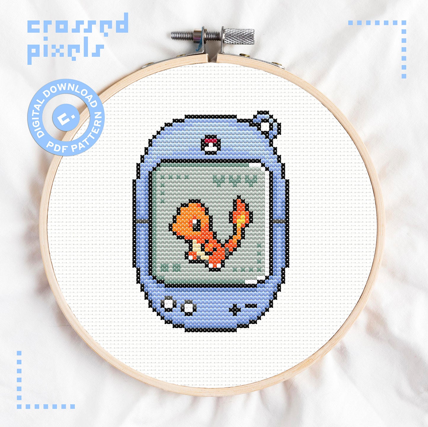 pixel art style cross stitch pattern of pokemon Charmander in Tamagotchi