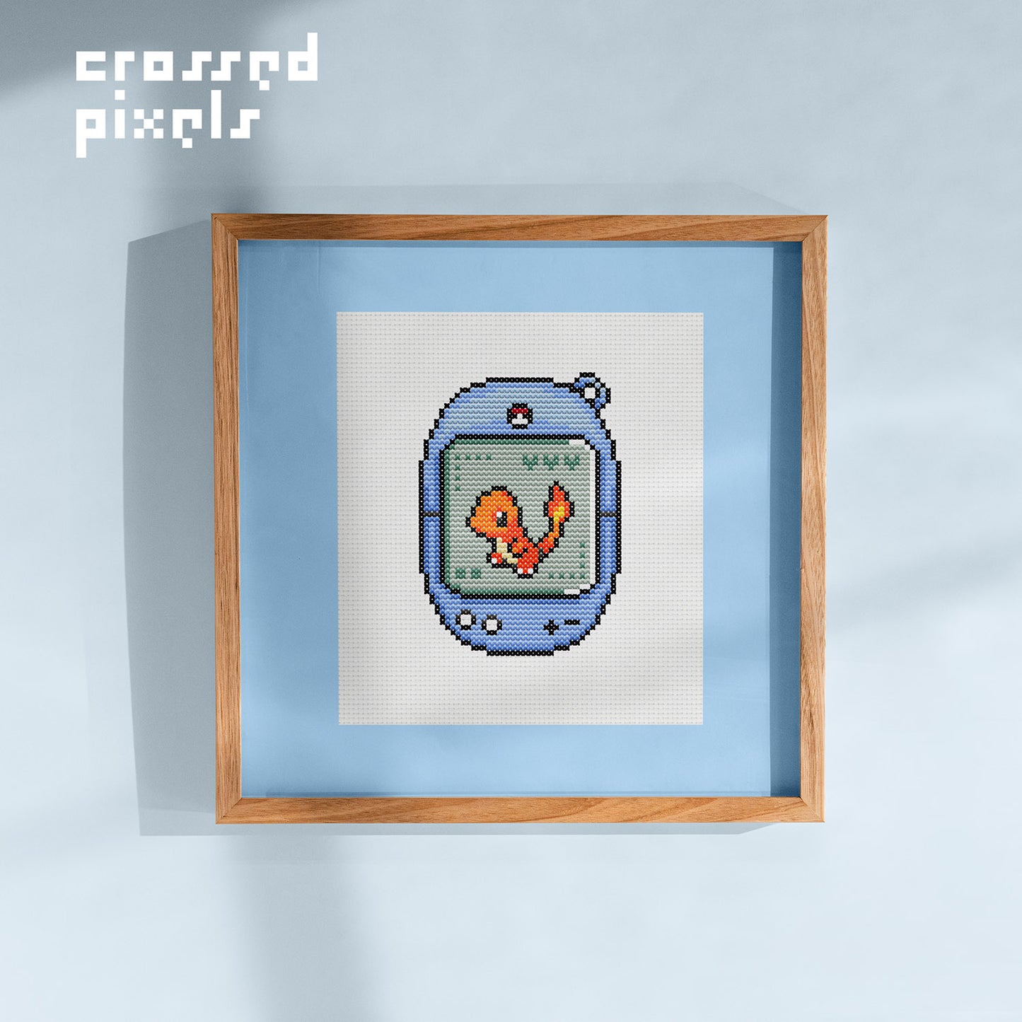 pixel art style cross stitch pattern of pokemon Charmander in Tamagotchi