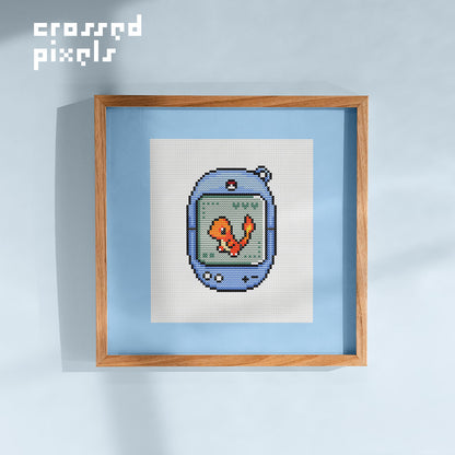 pixel art style cross stitch pattern of pokemon Charmander in Tamagotchi
