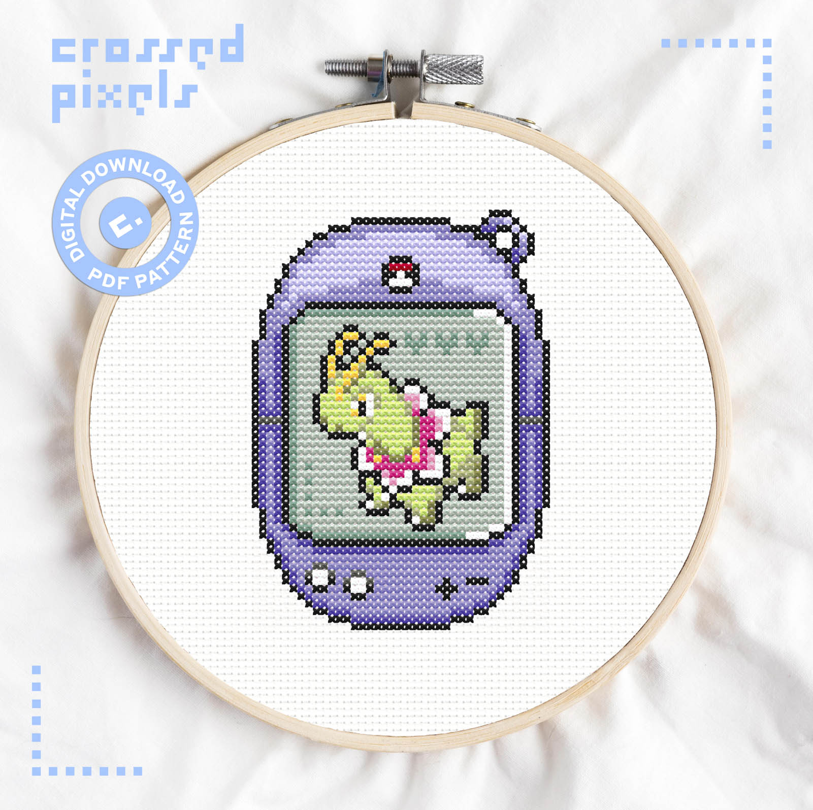 pixel art style cross stitch pattern of pokemon Meganium in Tamagotchi