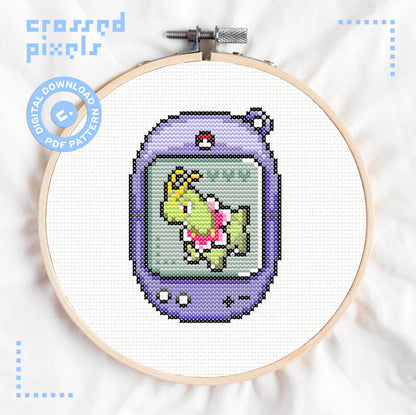 pixel art style cross stitch pattern of pokemon Meganium in Tamagotchi