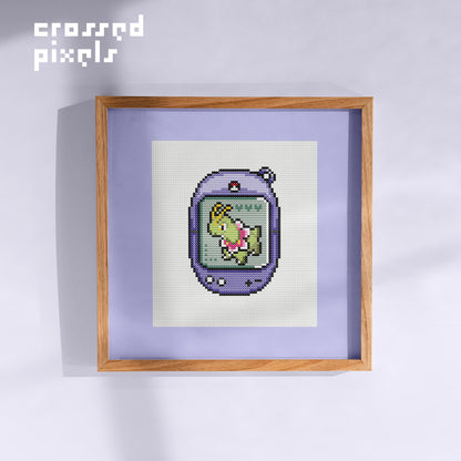 pixel art style cross stitch pattern of pokemon Meganium in Tamagotchi