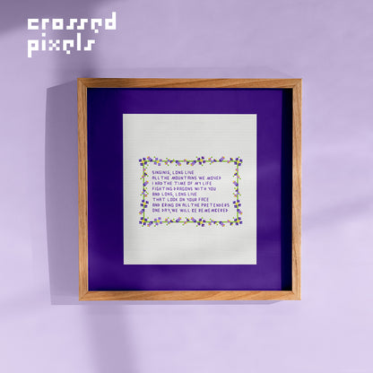 pixel art style cross stitch pattern of Taylor Swift lyrics