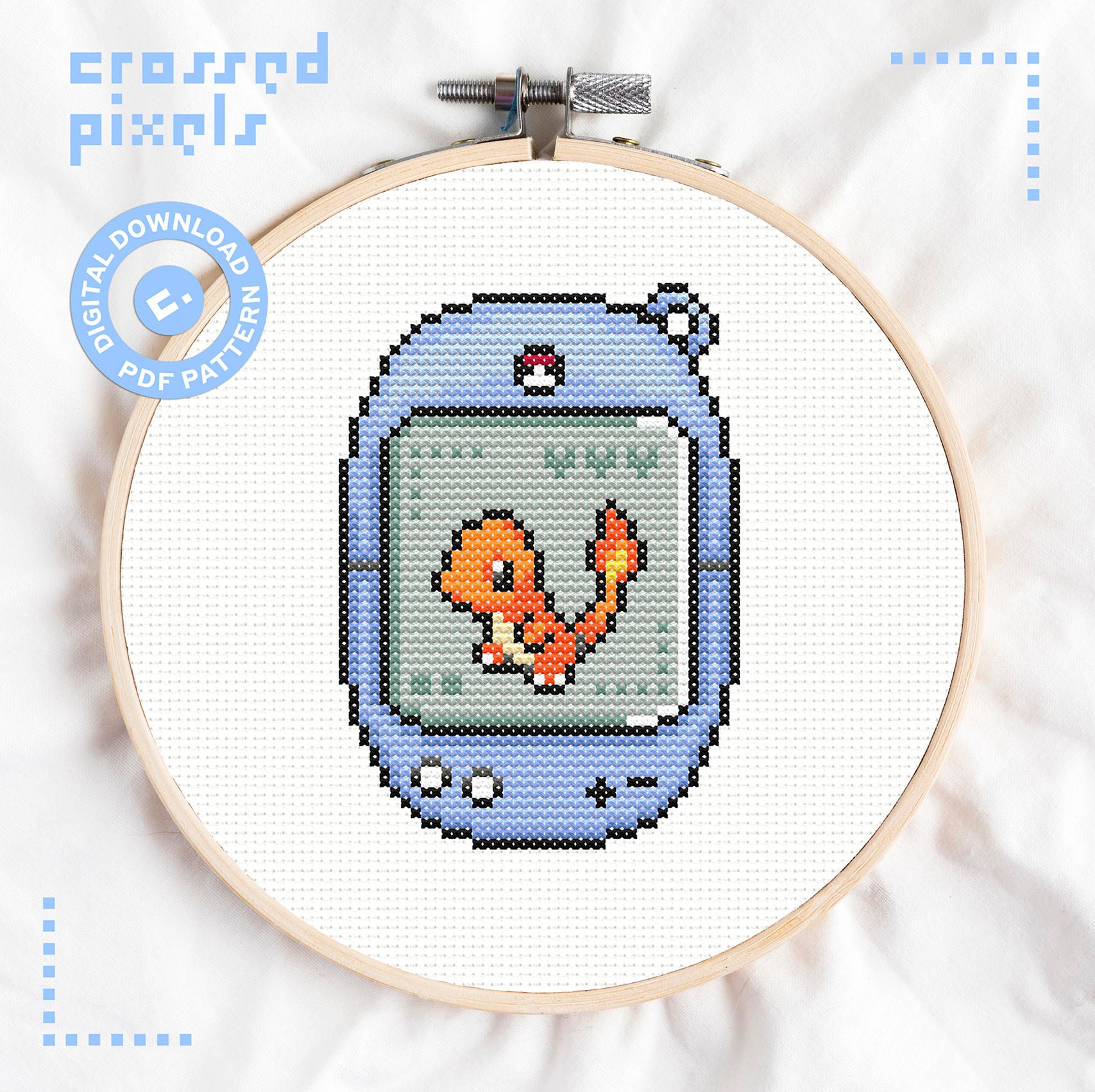 pixel art style cross stitch pattern of pokemon Charmander in Tamagotchi