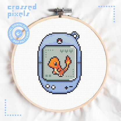 pixel art style cross stitch pattern of pokemon Charmander in Tamagotchi